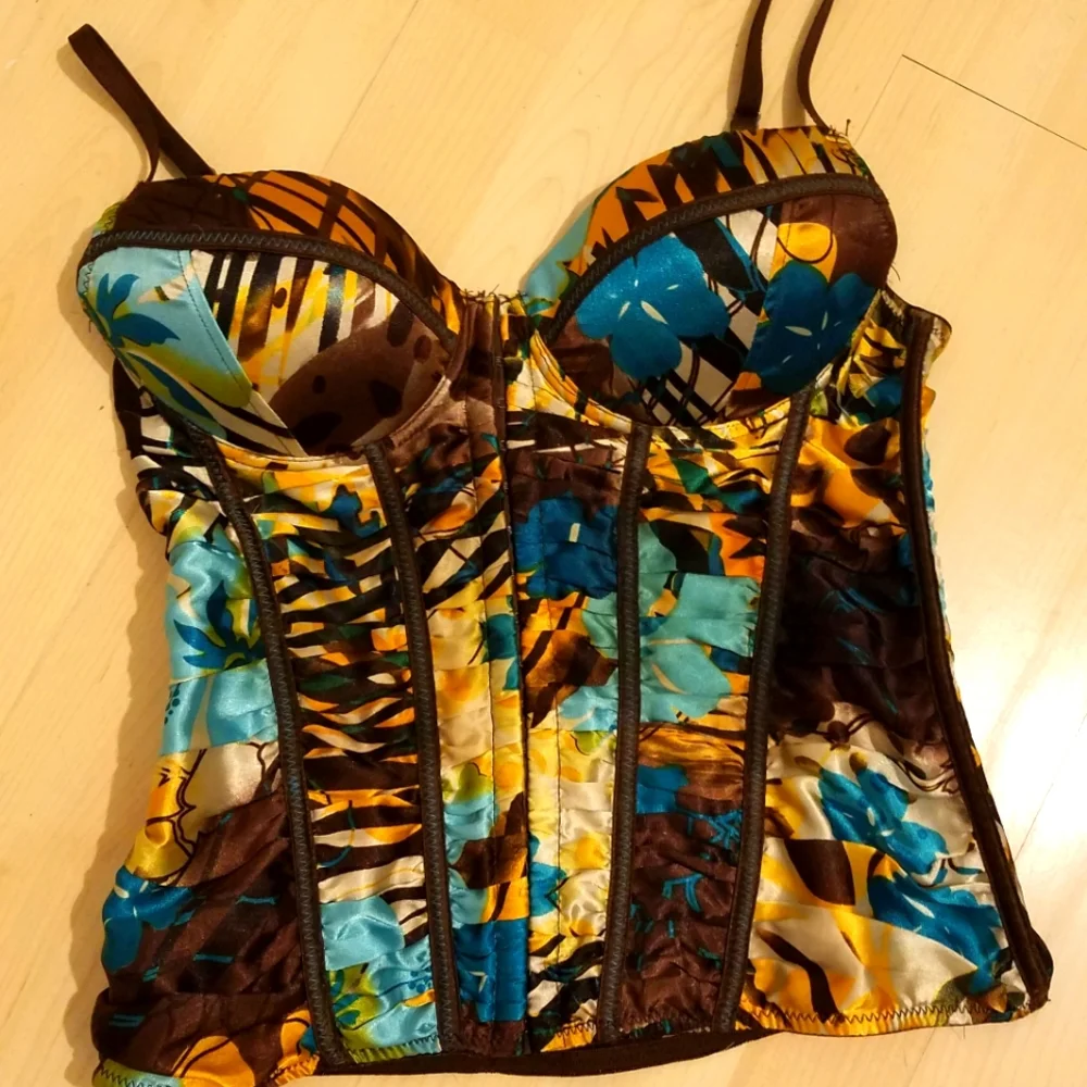 Teal/Aqua/Turquoise/Gold/Brown Corset Top With Straps - Picture 7 of 8